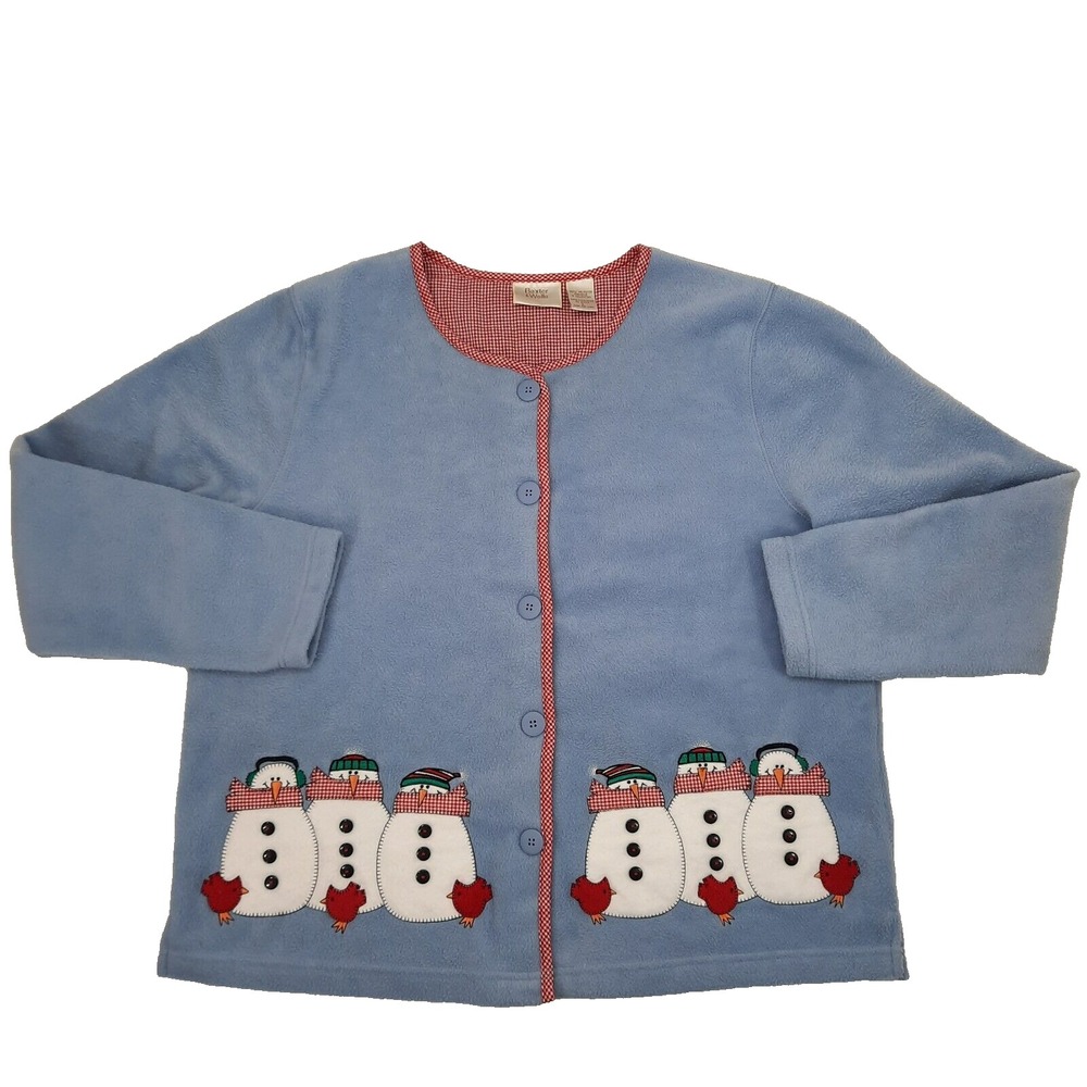 VTG Snowman Cardinals Cardigan Blue Fleece Red Gingham Womens Large Grandmacore